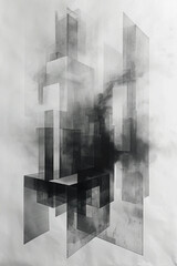 Poster - An artwork with a series of overlapping, translucent squares in shades of gray, creating depth and interest in minimalism,