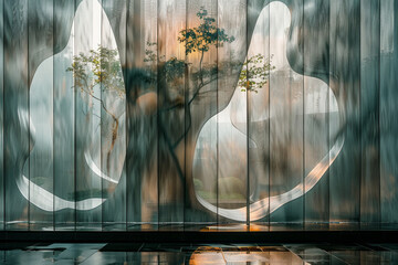 Fototapete - An artwork with several thin, wavy lines in a vertical pattern, subtly altering the perception of space and alignment,