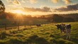 Dawn s warmth graces a serene pasture as cows graze beneath the awakening sky