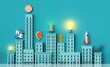 Beautiful City, background with modern skyscrapers and icons as light bulb, rocket, shield, computer, puzzle etc,  representing working startups and new ideas. 3D rendering	
