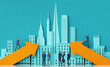  Successful business people have a career in the City. Business environment concept with city skyscrapers and big arrows. 3D rendering