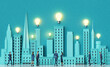 Business people in the City, background with modern skyscrapers, light bulbs representing working startups and new ideas. 3D rendering	