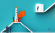 Business people introducing a new startup idea to investors. Rocket as symbol of startup. Business environment concept with stairs and open door. 3D rendering