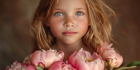 Wall Mural - Little girl holding bouquet of peonies