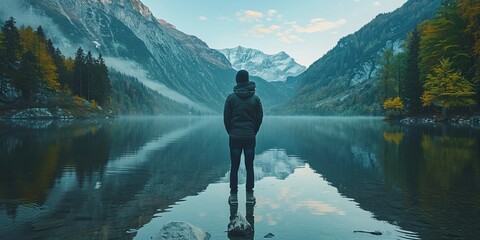 Wall Mural - Man standing near calm lake in mountains during vacation