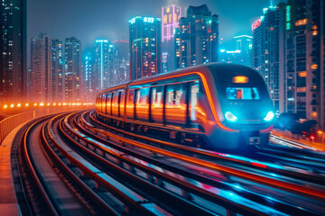 Poster - A sleek image of speeding metro lights, blurring into colorful lines against a night cityscape, symbolizing urban development,