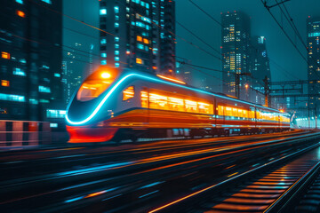 Aufkleber - A sleek image of speeding metro lights, blurring into colorful lines against a night cityscape, symbolizing urban development,