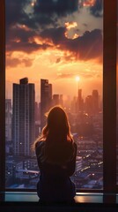 Wall Mural - Woman contemplating cityscape through a window at sunset