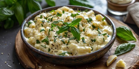 Wall Mural - Creamy Italian pasta with fresh herbs and cheese.