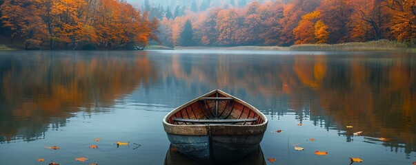 Wall Mural - Rowing Boat in a Peaceful Lake Surrounded by Autumn Trees.