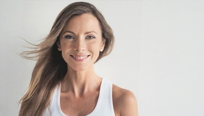 mature woman in TANK TOP , long hair smiling to the camera isolated on white background with copy space