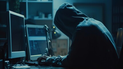 Hooded figure hunched over a computer, her face hidden in the shadows