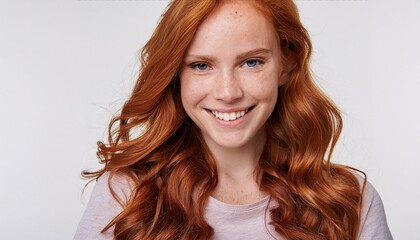 Wall Mural - loseup of happy attractive young woman with long wavy red hair and freckles wears stylish t shirt looks happy and smiling isolated over white background