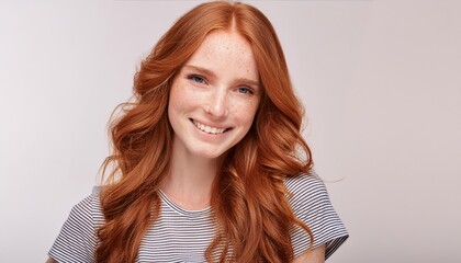 Wall Mural - loseup of happy attractive young woman with long wavy red hair and freckles wears stylish t shirt looks happy and smiling isolated over white background