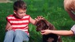 Little boy plays with puppies with his mother in park. Child, mom plays with puppies on green grass in garden. Joyful son child, mom plays with her dog. Kind kid having fun with dog outdoors. Friends
