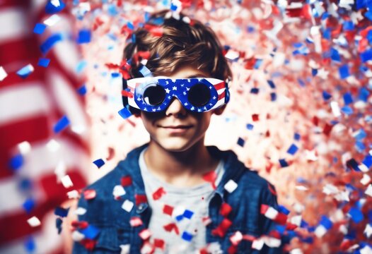 'augmented July headset background . confetti American reality showing wearing flag Teen 4th boy celebrating children goggles tech youth teenage contraption three-dimensional visu'