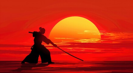Silhouette of samurai in kendo pose with sword against sunset sky background