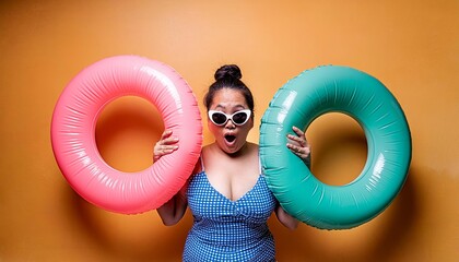 Wall Mural - Portrait of an overweight woman in blue swimming costume and sunglasses holding inflatable donut, yellow background, copy space for text, summer vacation concept