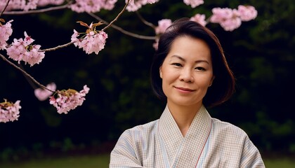 Portrait of a beautiful smiling Japanese woman wearing a kimono standing under a cherry blossom tree in a traditional garden, with pink flowers blooming on a sunny spring day