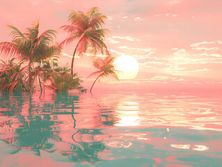 Wall Mural - ocean scene with palm trees reflected in the calm water. The sky is a beautiful shade of pink and blue