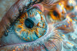 An array of floating eyes, each iris filled with a unique kaleidoscopic pattern, set against a vibrant, moving background,