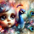 Abstract Baby Girl and Peacock in Loose Sketchy Brush Strokes