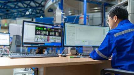 Engineer working at control room,Manager control system,Technician man monitoring program from a lot of monitor