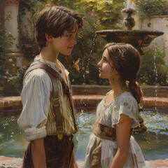 Sticker - a boy with brown hair looks at a girl with loving eyes near a fountain anime cartoon style smooth