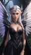 A fantastic beautiful elf’s with wings , in black prom witch dress paintings with a mysterious touch, awesome full color, high quality, 8K Ultra HD, realistic 3d Detailed illustration