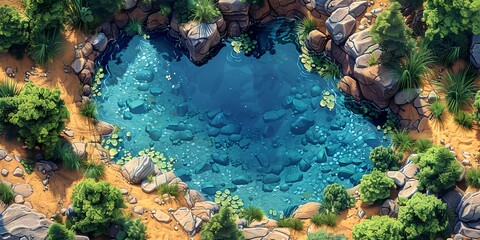 Wall Mural - a blue pond surrounded by rocks and trees in a forest area