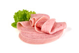Fototapeta Na ścianę - Thinly Sliced Ham, boiled sausage, isolated on white background