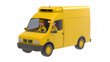 3D Yellow package delivery parcel van isolated in white background