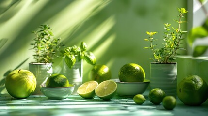 Wall Mural - beautiful herbs and green lime wallpaper background with amazing greens and professional light