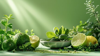 Wall Mural - beautiful herbs and green lime wallpaper background with amazing greens and professional light