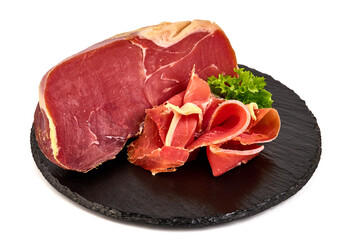 Wall Mural - Dry Spanish ham, Jamon Serrano, Bellota, Italian Prosciutto Crudo or Parma ham, isolated on white background