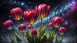 colorful tulips with water drops on a fractal night background. bright flowers. illustration