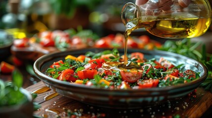 pouring olive oil on a salad