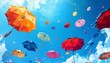 the simplicity of a high-angle view scene into a whimsical pixel art masterpiece, featuring umbrellas in varied shades against a pixelated blue sky background