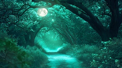 Canvas Print - A stunning photograph capturing the beauty of a lush forest teeming with trees, situated alongside a peaceful river, A beautiful tree corridor glowing in the dreamy moonlight