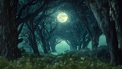 Canvas Print - An eerie and captivating photo that reveals a multitude of densely packed trees amidst the darkness of an enchanting forest, A beautiful tree corridor glowing in the dreamy moonlight