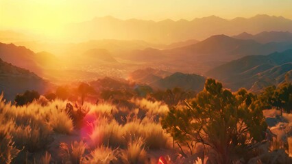 Sticker - The sun majestically sets over the rugged desert mountains, casting a warm golden glow on the desert landscape, A blend of cool and warm hues emulating a desert at sunset