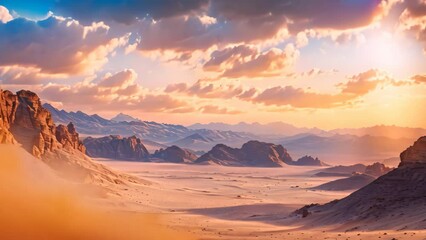 Poster - A breathtaking view of a vast desert with towering mountains in the far distance, A blend of cool and warm hues emulating a desert at sunset