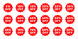 © Kingwardobe - Percentage discount offer sale tags set in rounded zig zag circle in red color with stars. Discount sale off tag, 50, 20, 10, 40, 30, 60, 70, 45, 90, 5, 15 percent. Flat offer stamp, sticker clearance