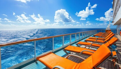 Wall Mural - Numerous chairs on deck of cruise ship with breathtaking ocean view