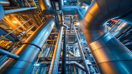 Large piping inside of industrial power plant, Industrial factory interior featuring state of machinery, Steel large chrome pipes, Equipment
