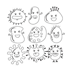 Wall Mural - Collection of cute microbes in doodle style. Hand drawn vector art