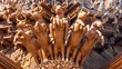 Intricate exterior wooden architecture five bulls on Sanctuary of Truth temple in Pattaya city, Thailand.