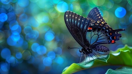   A tight shot of a butterfly perched on a leaf against a backdrop of a blue bouquet The foreground features a blurred version of the same bouquet