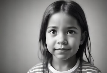 black and white closeup portrait of cute smiling girl on gray background with copy space