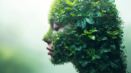 Profile of a woman with face made of green leaves against a soft background